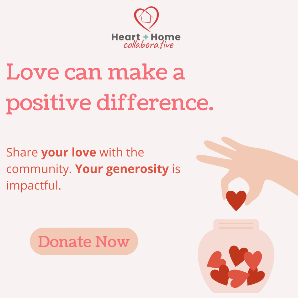A donation appeal - a hand is dropping a red heart into a fishbow full of hearts. The text reads: "Love can make a positive difference. Share your love with the community. Your generosity is impactful. Donate Now."